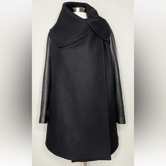All Saints Hyde Monument Coat Black Wool Coat w/ Leather Sleeves size 2 - Picture 3 of 10